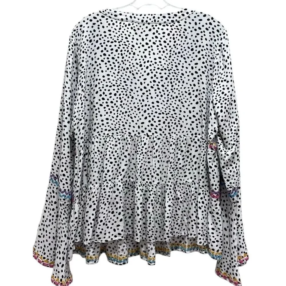 Savanna Jane Boho Blouse Dalmation Print Womens Size M Embroidered Bell Sleeve